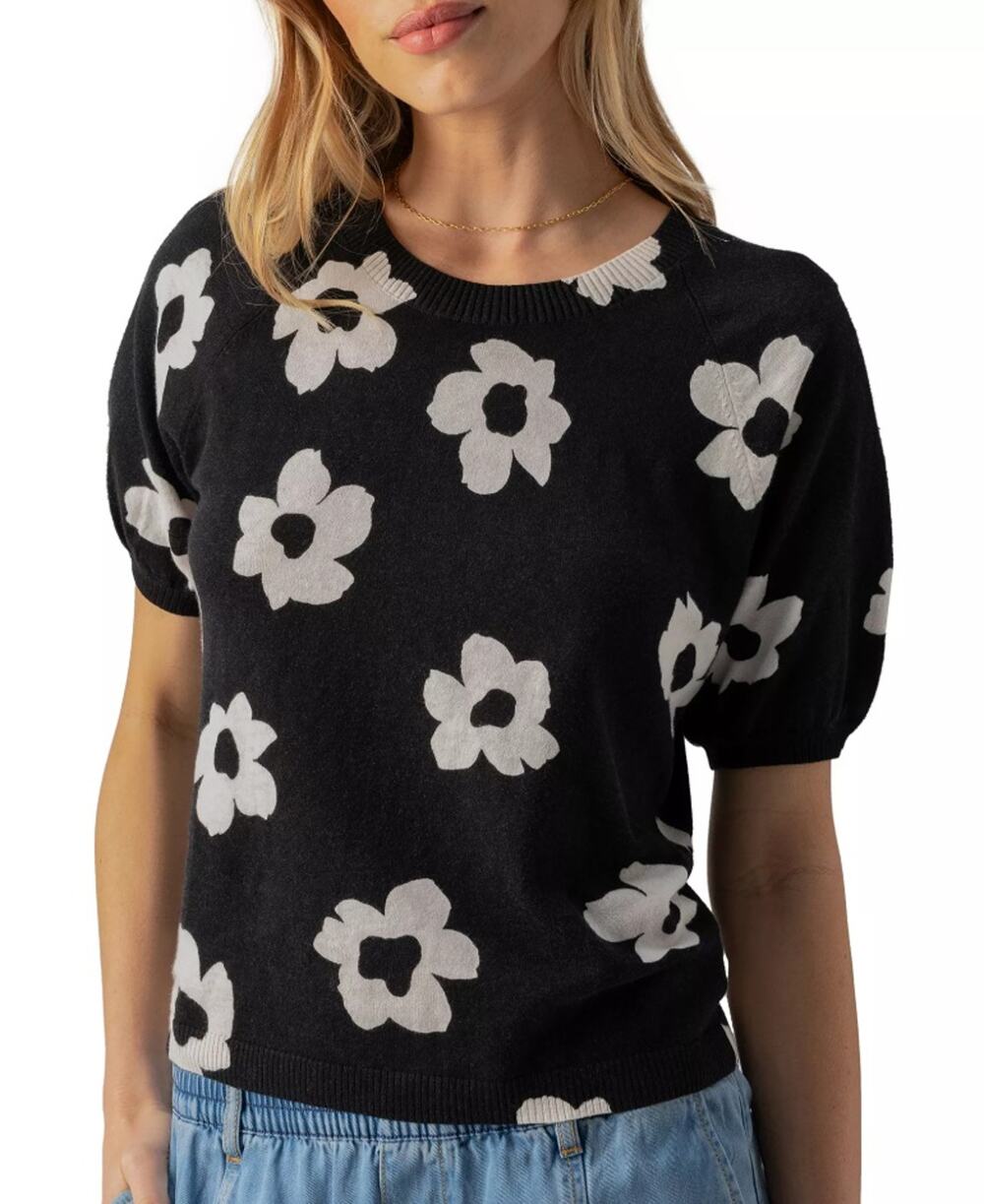Sanctuary Women Black Floral Sunny Days Cotton Short Sleeve Sweater Top Size S
